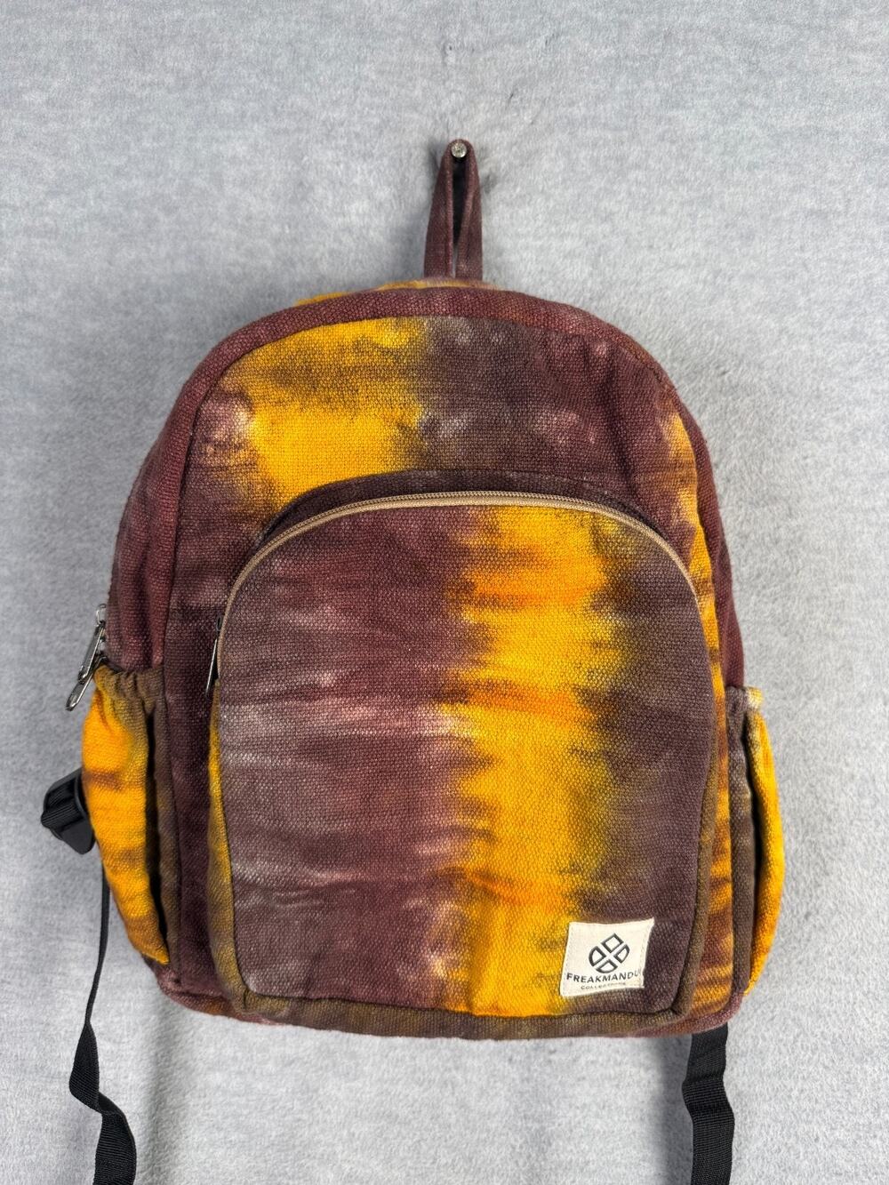 Freakmandu Mini Hemp Backpack Gold Maroon Tie Dye Boho Eco-Friendly Sustainable